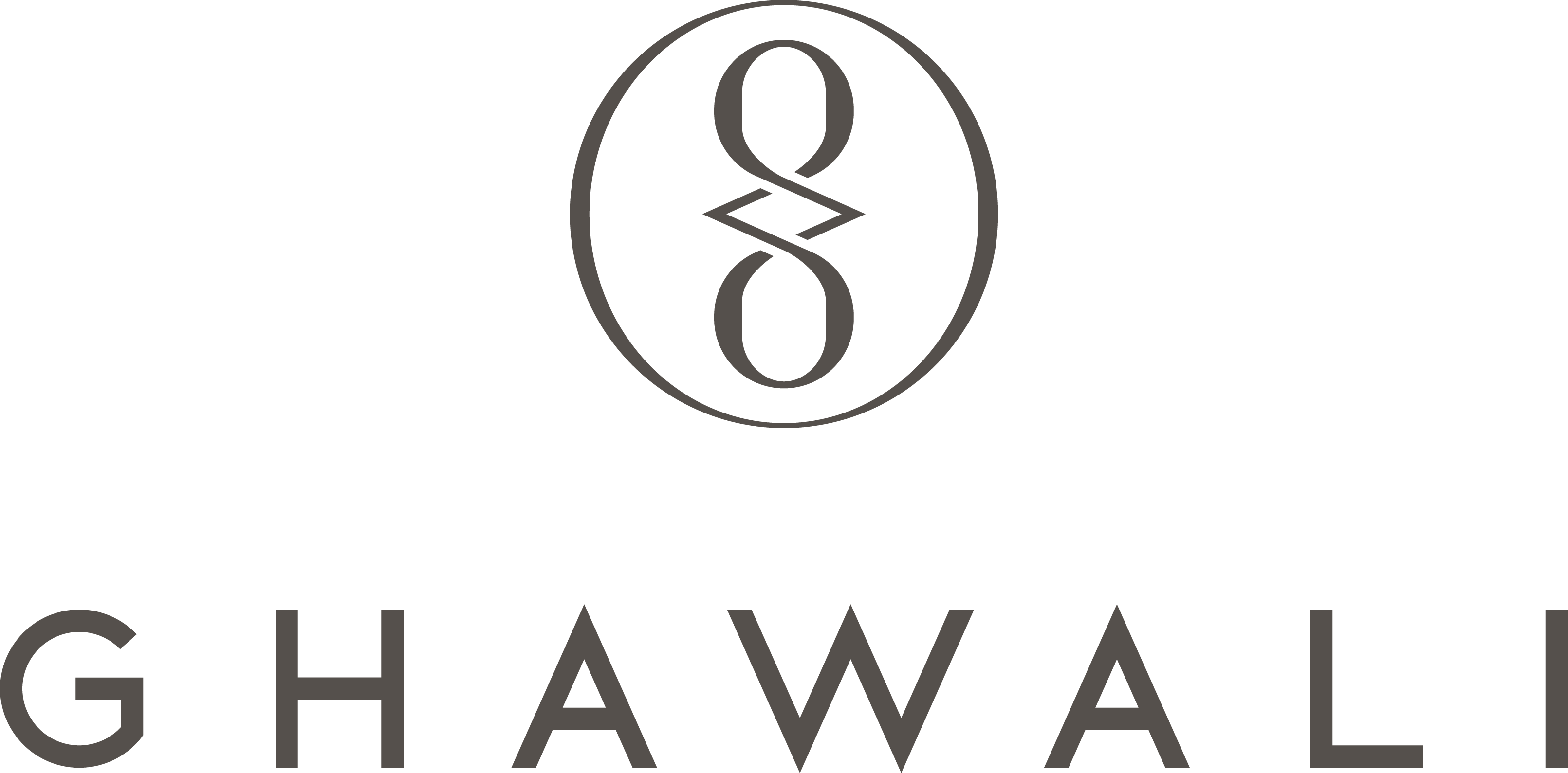 Graues Logo mit O8 Symbol auf Schwarz und Schrift GHAWALI unten
