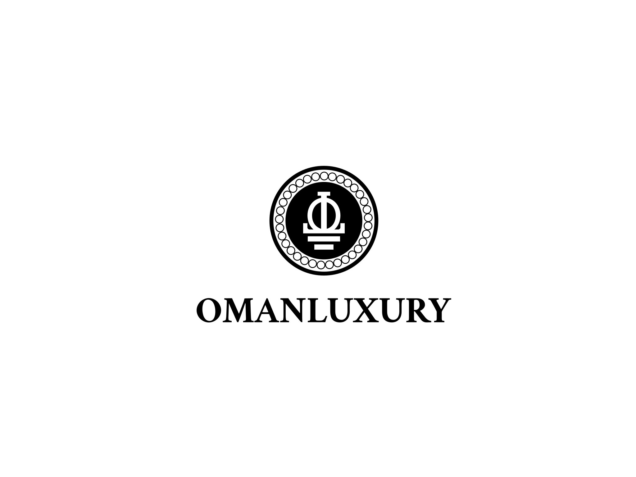 Schwarzes OMANLUXURY Logo mit rundem Emblem und Monogramm auf Weiss