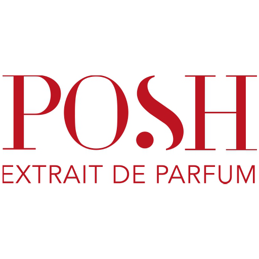 Rotes POSH Logo mit ernstem Schriftzug und Text Extrait de Parfum auf Weiss