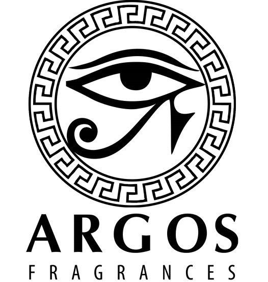 Schwarzes Argos Fragrances Logo mit Horusauge in griechischem Muster